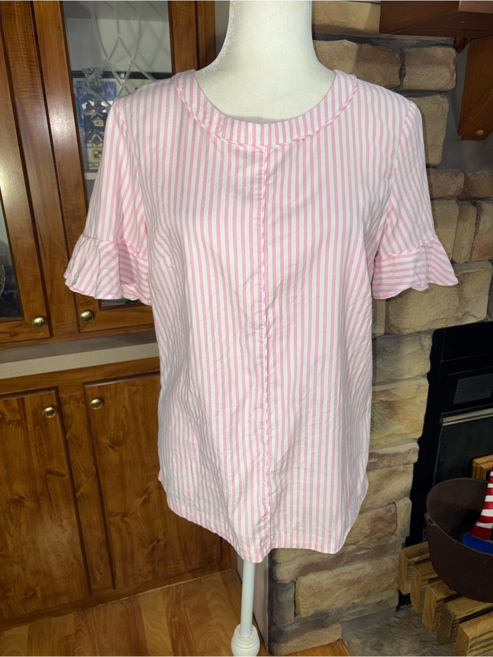 Banana Republic size medium pink & white striped blouse ruffle sleeve.